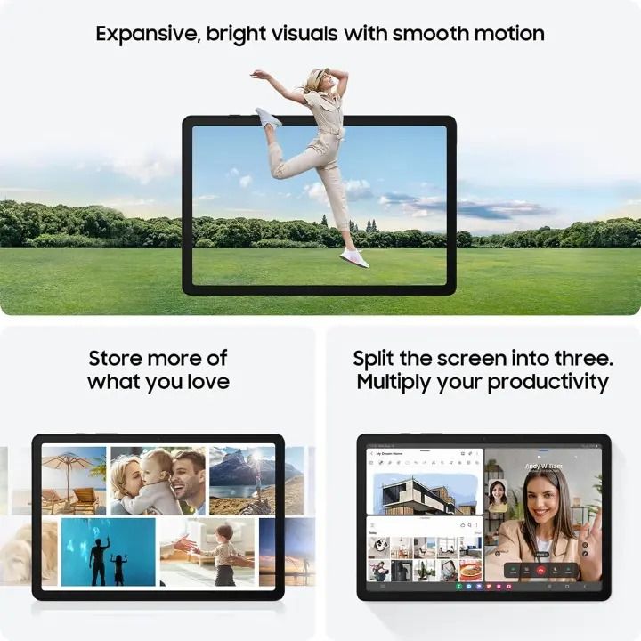 Samsung Galaxy Tab A9 RAM:4 GB RAM /64GB ROM Chipset: Mediatek Helio G99(6nm) Display:8.7inch TFT LCD Resolution: 800 x 1340 pixels Main Camera: 8 MP Selfie Camera:2MP Battery:5,100 mAh OS: Android 13