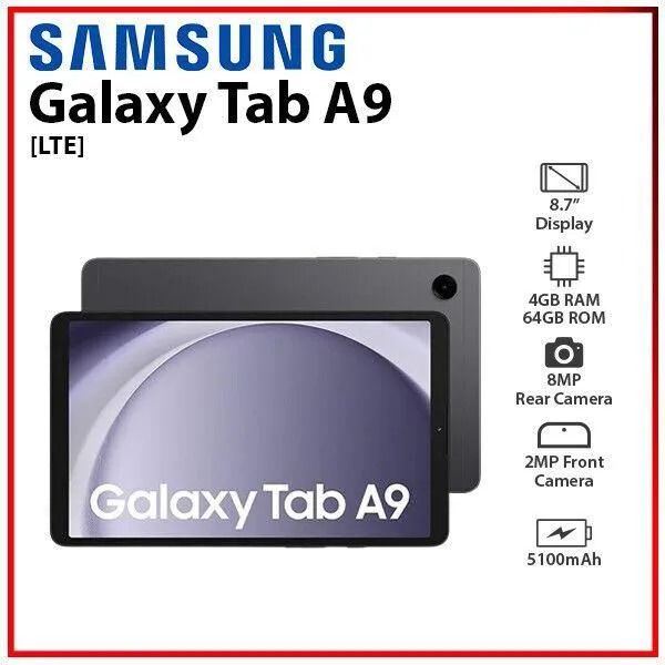 Samsung Galaxy Tab A9 RAM:4 GB RAM /64GB ROM Chipset: Mediatek Helio G99(6nm) Display:8.7inch TFT LCD Resolution: 800 x 1340 pixels Main Camera: 8 MP Selfie Camera:2MP Battery:5,100 mAh OS: Android 13