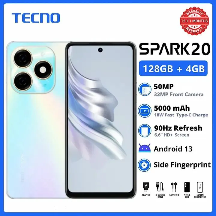 TECNO SPARK 20  128GB + 4GB RAM 50MP Android 13 90Hz 6.6" HD+ Display Dual SIM 5000mAh 18W Fast Charge Side Fingerprint Smart Phones