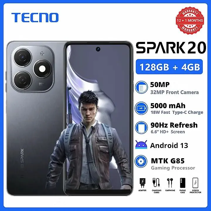 TECNO SPARK 20  256GB + 8GB RAM 50MP Android 13 90Hz 6.6" HD+ Display Dual SIM 5000mAh 18W Fast Charge Side Fingerprint Smart Phones