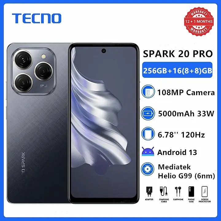 New Arrival TECNO SPARK 20 pro 128GB + 4GB RAM 108MP Android 13 120Hz 6.6" HD+ Display Dual SIM 5000mAh 18W Fast Charge Side Fingerprint Smart Phones
