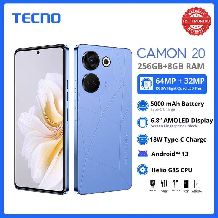 New Arrival Tecno Camon 20 6.67" AMOLED 256GB+8GB RAM MTK Helio G99 70W 5000mAh 50MP Dual Speaker Android 14 Dual Sim Smart Phone