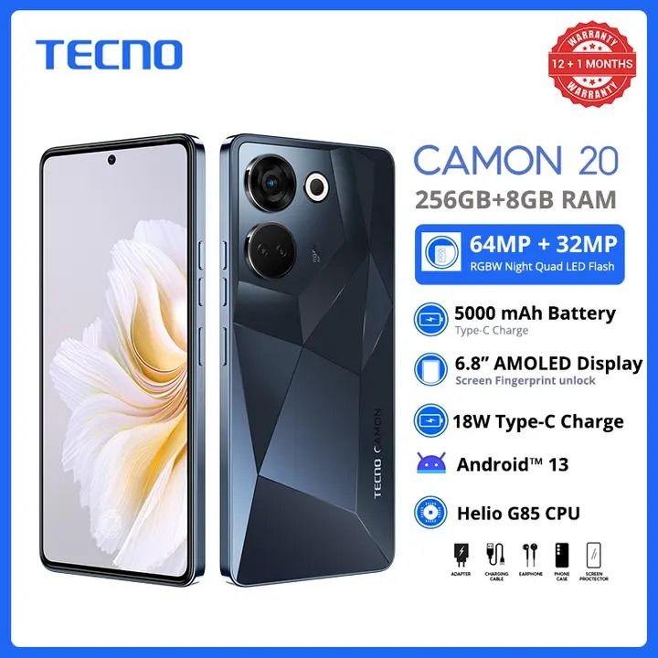 New Arrival Tecno Camon 20 6.67" AMOLED 256GB+8GB RAM MTK Helio G99 70W 5000mAh 50MP Dual Speaker Android 14 Dual Sim Smart Phone