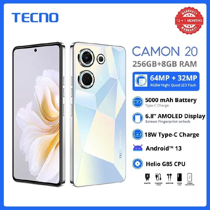 New Arrival Tecno Camon 20 6.67" AMOLED 256GB+8GB RAM MTK Helio G99 70W 5000mAh 50MP Dual Speaker Android 14 Dual Sim Smart Phone