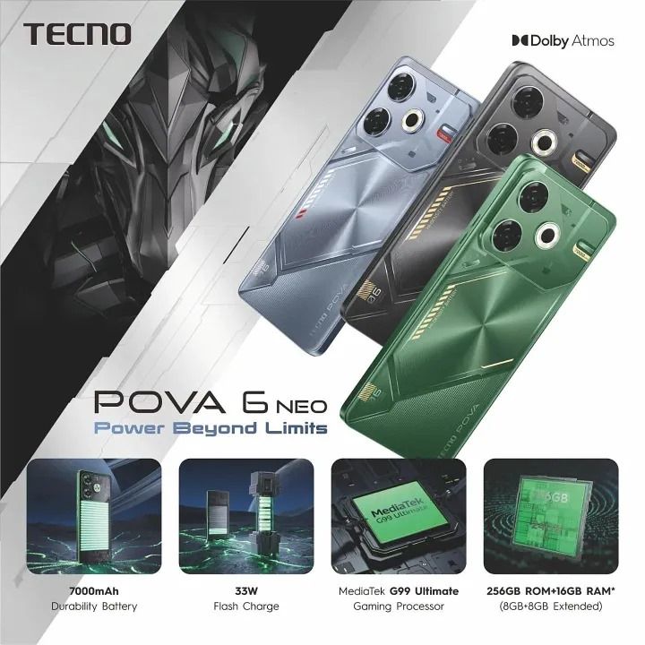 New Arrival Tecno Pova 6 Neo 6.78" FHD+ 120Hz 256GB+16(8+8)GB RAM MTK Helio G99 Ultimate 33W 7000mAh 50MP Dual Speaker Android 14 Dual Sim Smart Phone