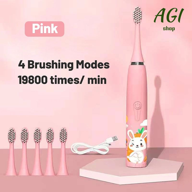 Children's Electric Toothbrush With 6 Brush Heads Cartoon Pattern Kids with Replace The Toothbrush Head Ultrasonic Electric Toothbrush Children's Soft Hair Cleaning Brush