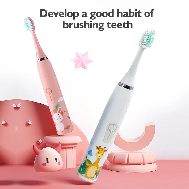 Children's Electric Toothbrush With 6 Brush Heads Cartoon Pattern Kids with Replace The Toothbrush Head Ultrasonic Electric Toothbrush Children's Soft Hair Cleaning Brush