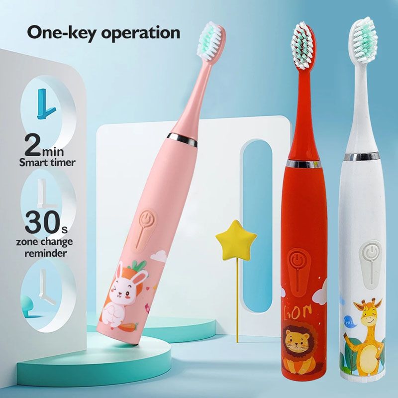 Children's Electric Toothbrush With 6 Brush Heads Cartoon Pattern Kids with Replace The Toothbrush Head Ultrasonic Electric Toothbrush Children's Soft Hair Cleaning Brush