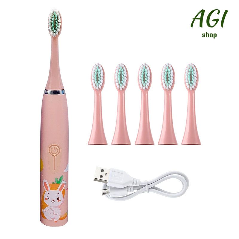 Children's Electric Toothbrush With 6 Brush Heads Cartoon Pattern Kids with Replace The Toothbrush Head Ultrasonic Electric Toothbrush Children's Soft Hair Cleaning Brush