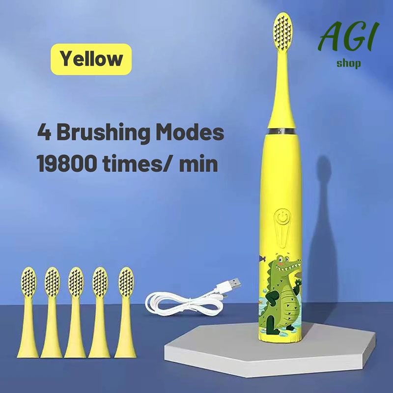 Children's Electric Toothbrush With 6 Brush Heads Cartoon Pattern Kids with Replace The Toothbrush Head Ultrasonic Electric Toothbrush Children's Soft Hair Cleaning Brush