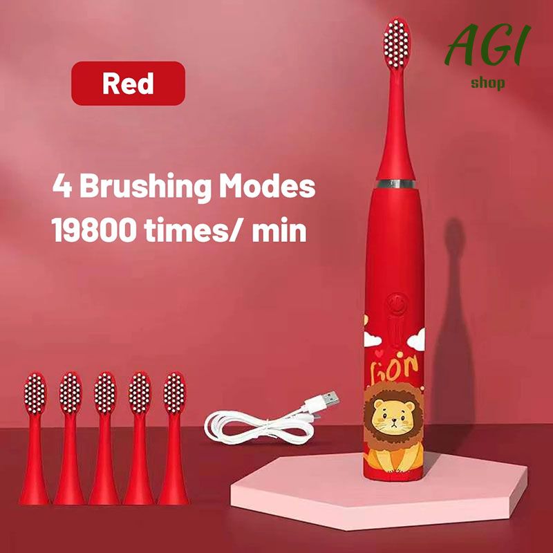 Children's Electric Toothbrush With 6 Brush Heads Cartoon Pattern Kids with Replace The Toothbrush Head Ultrasonic Electric Toothbrush Children's Soft Hair Cleaning Brush