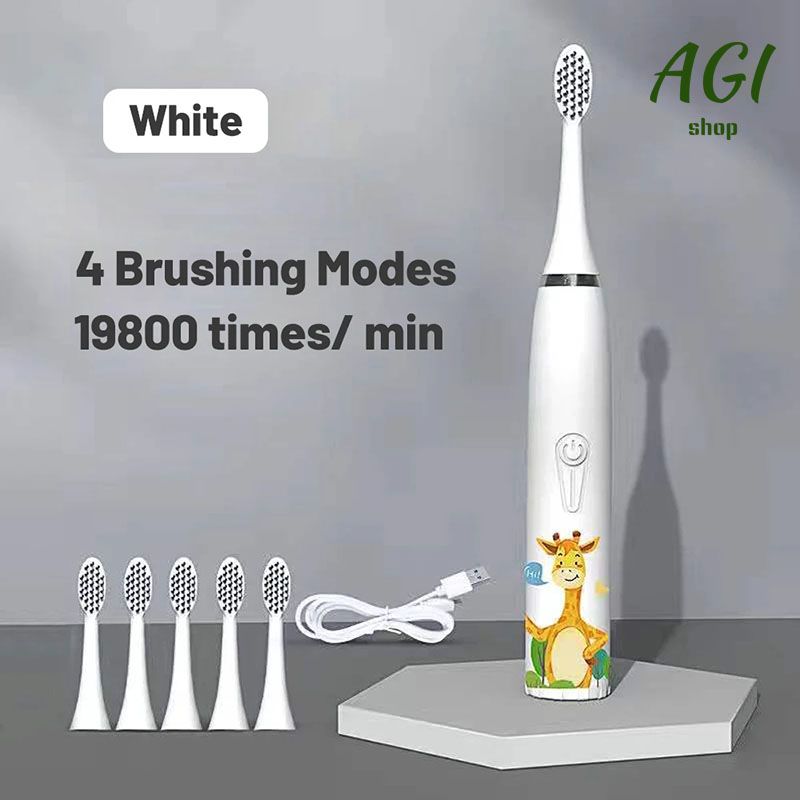 Children's Electric Toothbrush With 6 Brush Heads Cartoon Pattern Kids with Replace The Toothbrush Head Ultrasonic Electric Toothbrush Children's Soft Hair Cleaning Brush