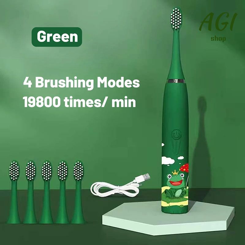 Children's Electric Toothbrush With 6 Brush Heads Cartoon Pattern Kids with Replace The Toothbrush Head Ultrasonic Electric Toothbrush Children's Soft Hair Cleaning Brush