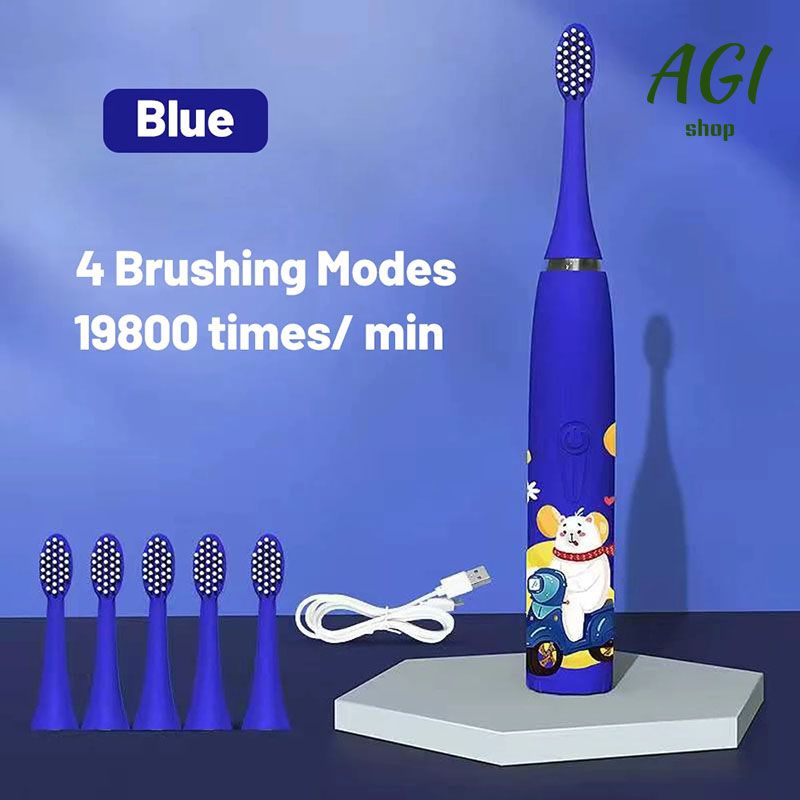 Children's Electric Toothbrush With 6 Brush Heads Cartoon Pattern Kids with Replace The Toothbrush Head Ultrasonic Electric Toothbrush Children's Soft Hair Cleaning Brush