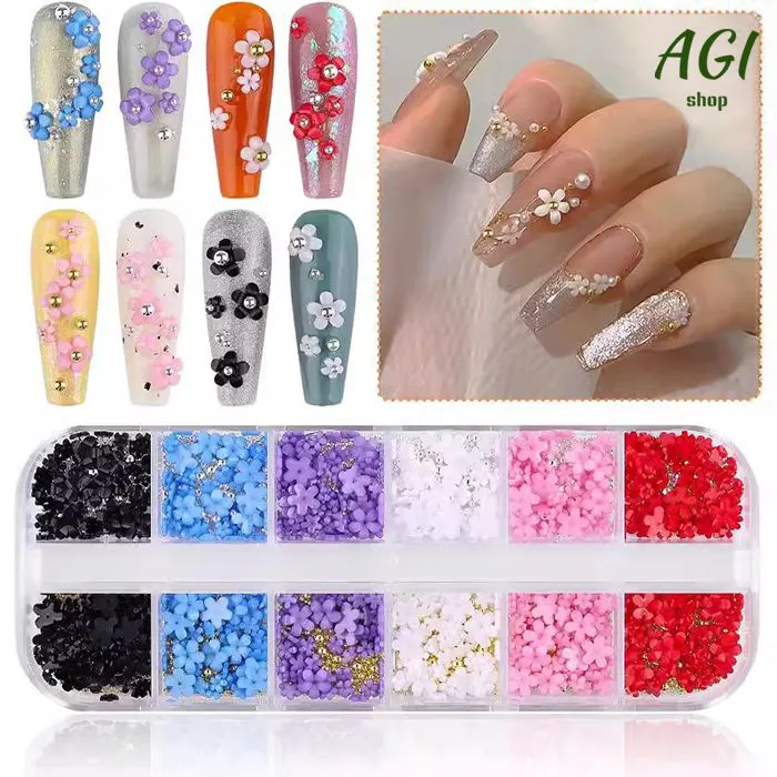 1Box 12 Colors 3D Flower Nail Charms With Rhinestones And Caviar Beads - Nail Art Decoration For Women And Girls Nail Art Accessories