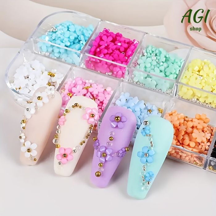 1Box 12 Colors 3D Flower Nail Charms With Rhinestones And Caviar Beads - Nail Art Decoration For Women And Girls Nail Art Accessories