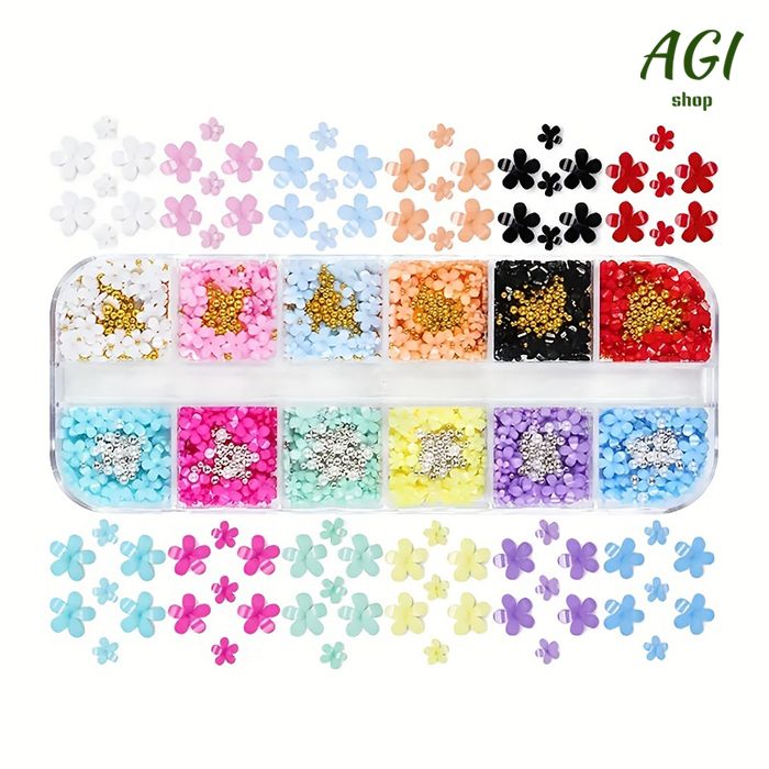 1Box 12 Colors 3D Flower Nail Charms With Rhinestones And Caviar Beads - Nail Art Decoration For Women And Girls Nail Art Accessories