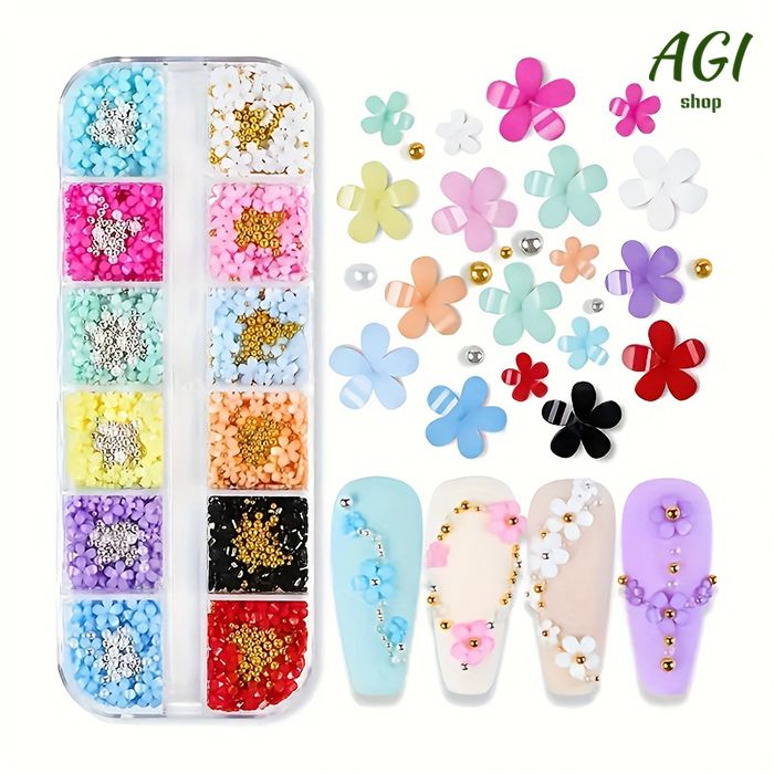 1Box 12 Colors 3D Flower Nail Charms With Rhinestones And Caviar Beads - Nail Art Decoration For Women And Girls Nail Art Accessories