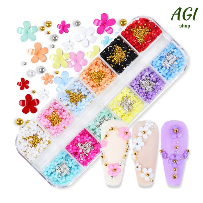 1Box 12 Colors 3D Flower Nail Charms With Rhinestones And Caviar Beads - Nail Art Decoration For Women And Girls Nail Art Accessories