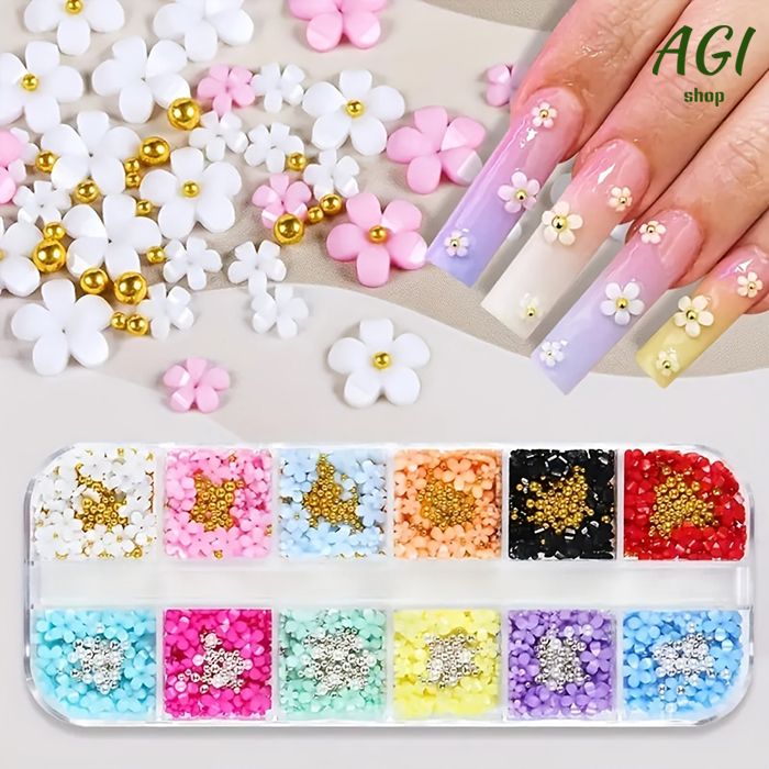 1Box 12 Colors 3D Flower Nail Charms With Rhinestones And Caviar Beads - Nail Art Decoration For Women And Girls Nail Art Accessories