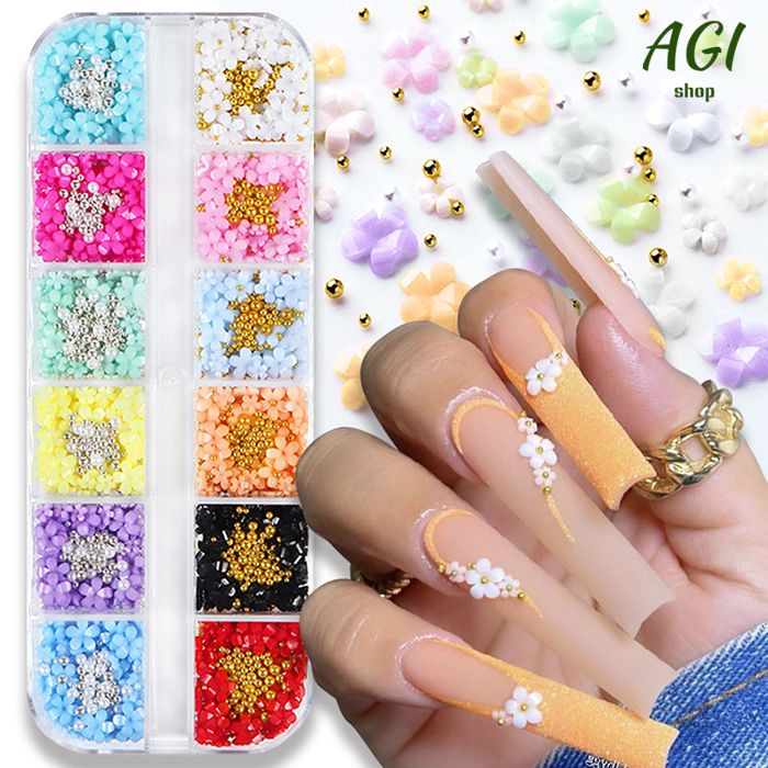 1Box 12 Colors 3D Flower Nail Charms With Rhinestones And Caviar Beads - Nail Art Decoration For Women And Girls Nail Art Accessories