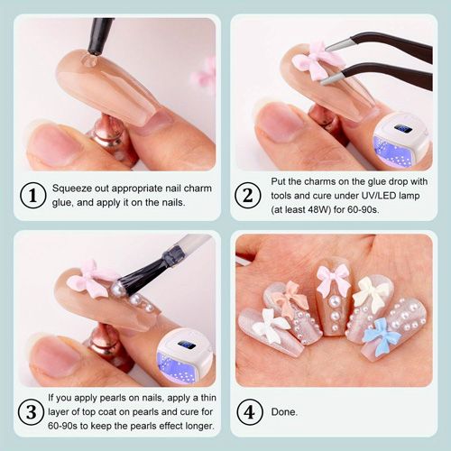 500 Pcs 3D Nail Charms And Flatback Pearls Multi Styles Bowknot Charms + Pink&White Star Heart Nail Jewels + 2-6mm White Nail Pearls For Nail Art Design With Pickup Tools