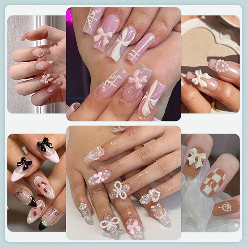 500 Pcs 3D Nail Charms And Flatback Pearls Multi Styles Bowknot Charms + Pink&White Star Heart Nail Jewels + 2-6mm White Nail Pearls For Nail Art Design With Pickup Tools