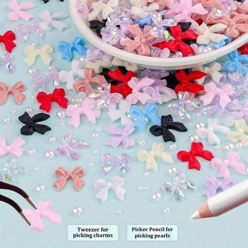 500 Pcs 3D Nail Charms And Flatback Pearls Multi Styles Bowknot Charms + Pink&White Star Heart Nail Jewels + 2-6mm White Nail Pearls For Nail Art Design With Pickup Tools