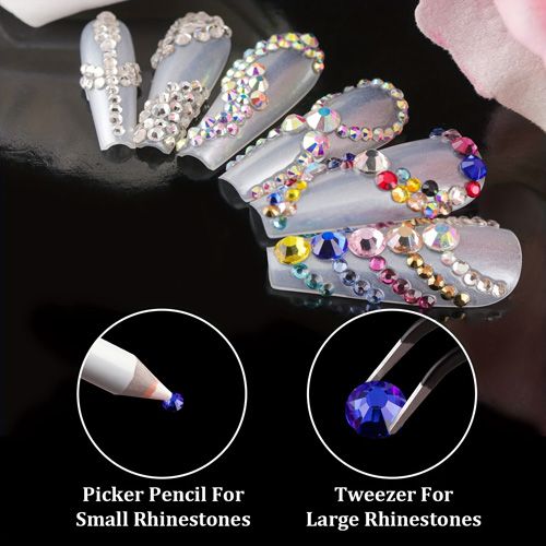 3 Boxes, AB Clear Nail Art Rhinestones Kit, Nail Gemstones, Flatback Rhinestones Gems Stones, With Storage Organizer Box/Wax Pencil/Tweezers For Nail Art Craft, Multi Size Glass Crystals Bead