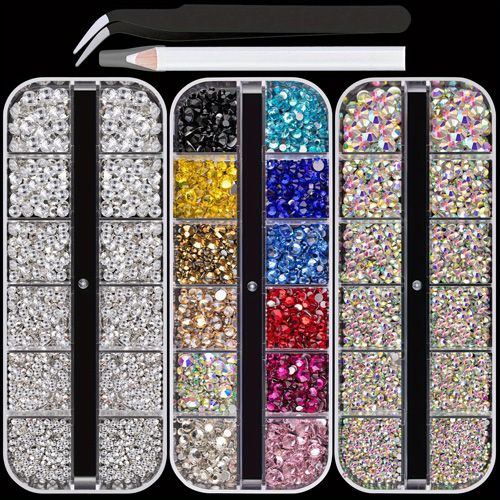 3 Boxes, AB Clear Nail Art Rhinestones Kit, Nail Gemstones, Flatback Rhinestones Gems Stones, With Storage Organizer Box/Wax Pencil/Tweezers For Nail Art Craft, Multi Size Glass Crystals Bead