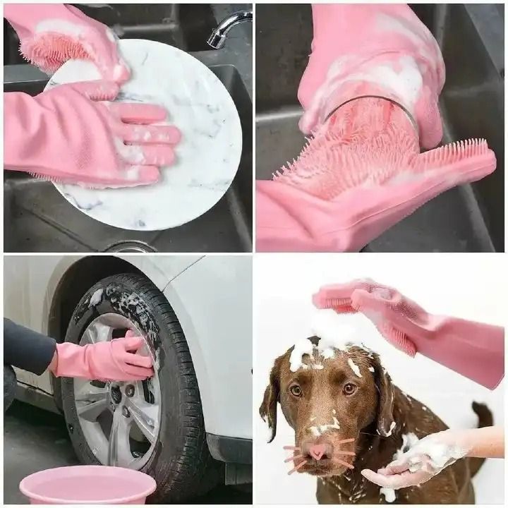 A Pair Of Silicon Dish-Washing Kitchen Gloves For Hand Protection, Car, Bathroom Cleaning, Reusable, Heat Resistant Multicolour