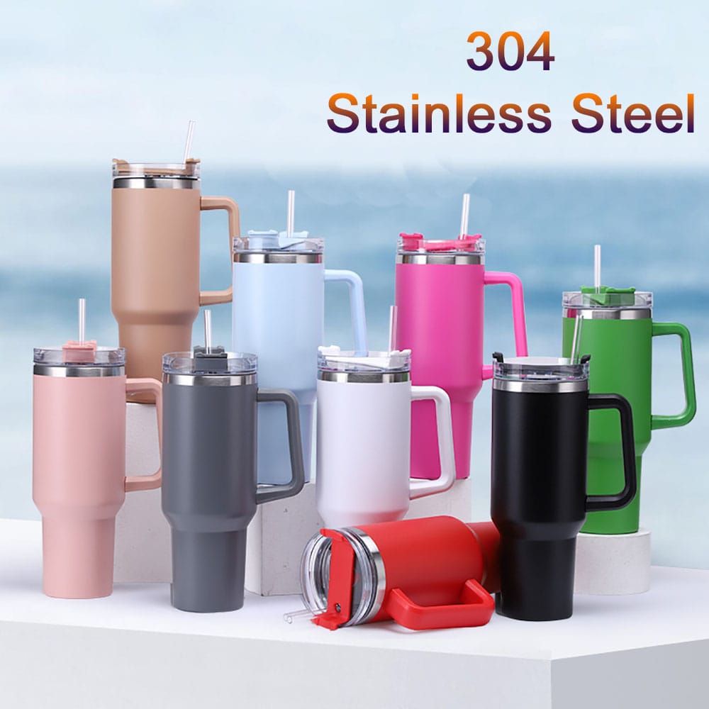 UNIQUE 1.2 litres Stanley Stainless Steel Tumbler with Handle & Straw Lid, Insulated ReusableTravel Mug Keeps Drinks Cold up to 12hrs 100% Leakproof Bottle for Water, Iced Tea or Coffee,