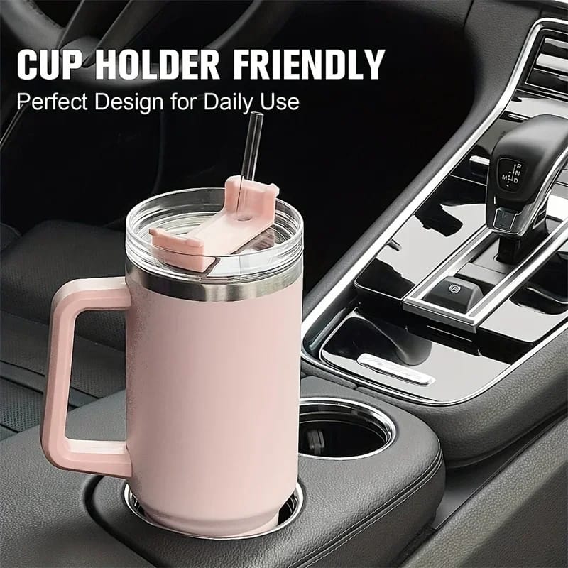 UNIQUE 1.2 litres Stanley Stainless Steel Tumbler with Handle & Straw Lid, Insulated ReusableTravel Mug Keeps Drinks Cold up to 12hrs 100% Leakproof Bottle for Water, Iced Tea or Coffee,