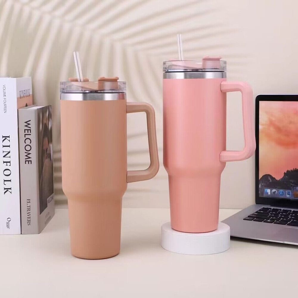 UNIQUE 1.2 litres Stanley Stainless Steel Tumbler with Handle & Straw Lid, Insulated ReusableTravel Mug Keeps Drinks Cold up to 12hrs 100% Leakproof Bottle for Water, Iced Tea or Coffee,