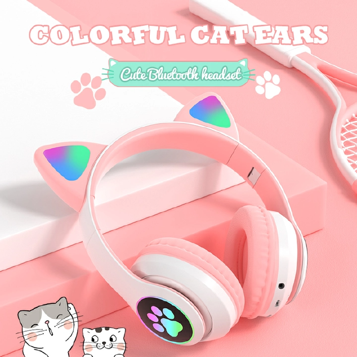 Headphones Flash cute cat ears wireless game headphones RGB LED Lighted Cat Ear headphones Noise-canceling over-ear headphones foldable pink