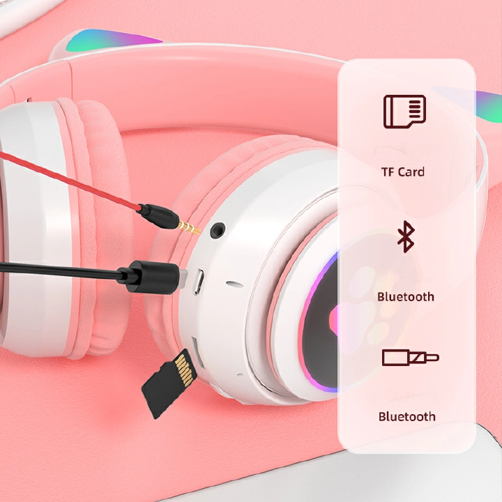 Headphones Flash cute cat ears wireless game headphones RGB LED Lighted Cat Ear headphones Noise-canceling over-ear headphones foldable pink