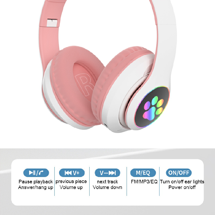 Headphones Flash cute cat ears wireless game headphones RGB LED Lighted Cat Ear headphones Noise-canceling over-ear headphones foldable pink