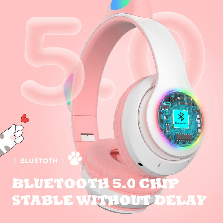 Headphones Flash cute cat ears wireless game headphones RGB LED Lighted Cat Ear headphones Noise-canceling over-ear headphones foldable pink