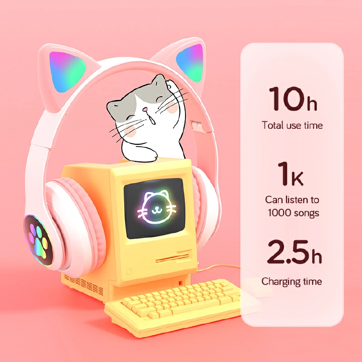 Headphones Flash cute cat ears wireless game headphones RGB LED Lighted Cat Ear headphones Noise-canceling over-ear headphones foldable pink