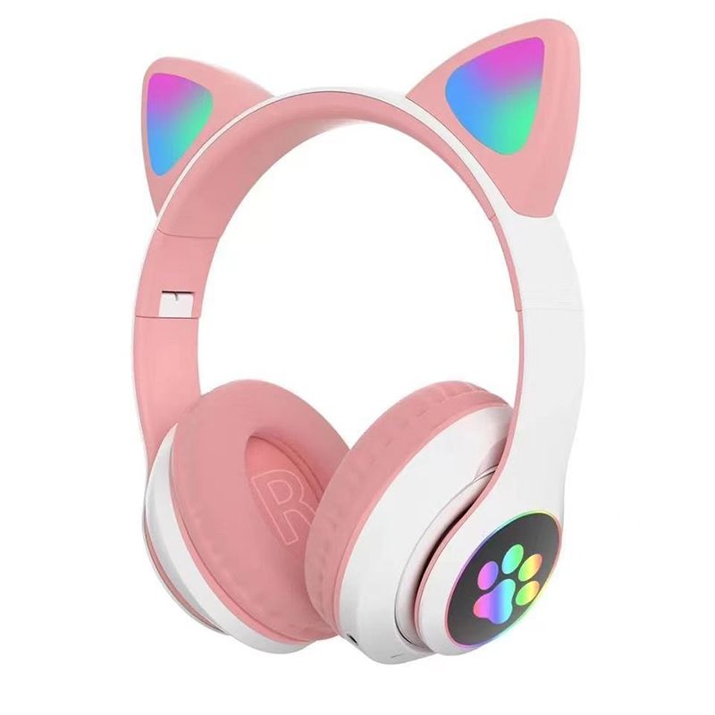 Headphones Flash cute cat ears wireless game headphones RGB LED Lighted Cat Ear headphones Noise-canceling over-ear headphones foldable pink