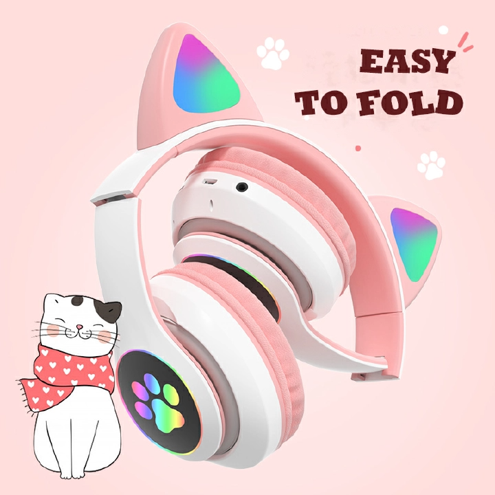 Headphones Flash cute cat ears wireless game headphones RGB LED Lighted Cat Ear headphones Noise-canceling over-ear headphones foldable pink