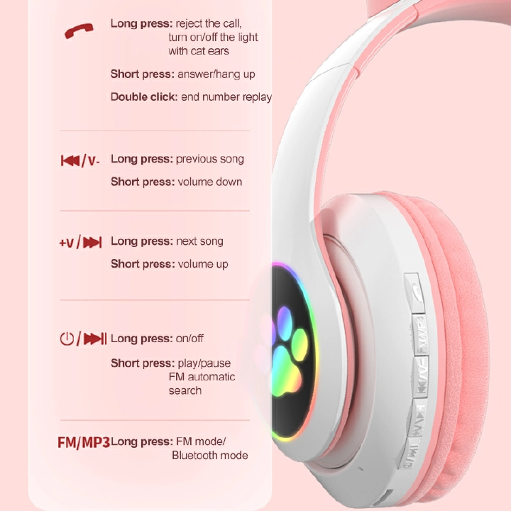 Headphones Flash cute cat ears wireless game headphones RGB LED Lighted Cat Ear headphones Noise-canceling over-ear headphones foldable pink