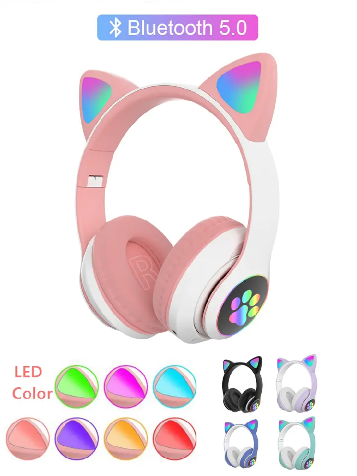 Headphones Flash cute cat ears wireless game headphones RGB LED Lighted Cat Ear headphones Noise-canceling over-ear headphones foldable pink