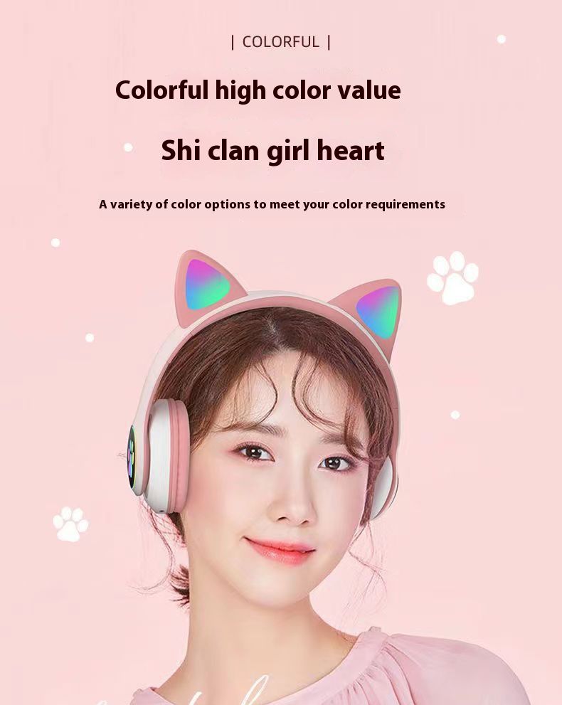 Headphones Flash cute cat ears wireless game headphones RGB LED Lighted Cat Ear headphones Noise-canceling over-ear headphones foldable pink