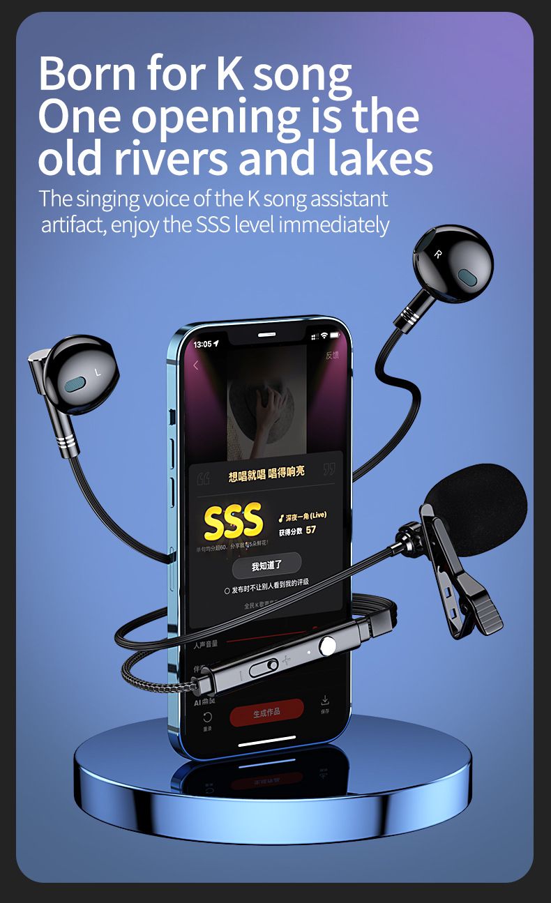 Lavalier Dual Microphone Headphones Recording Live Broadcast National K song L-shaped elbow gaming wired earphones