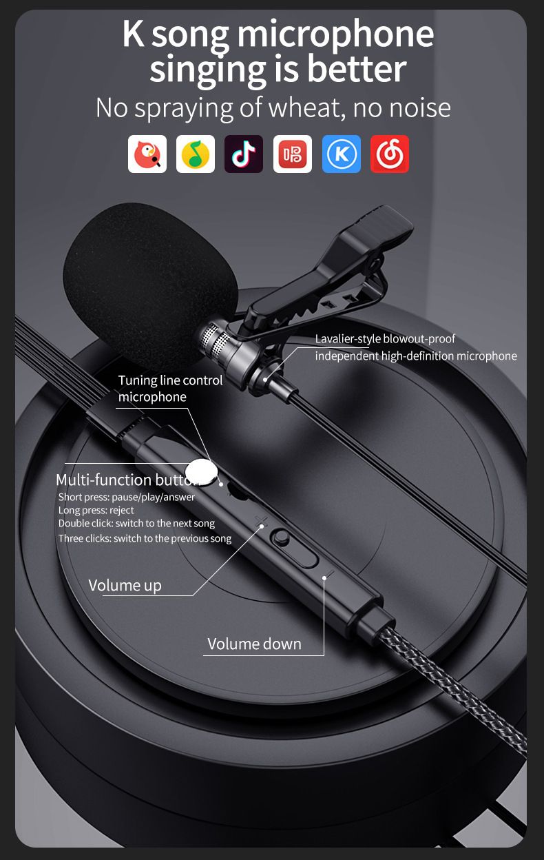 Lavalier Dual Microphone Headphones Recording Live Broadcast National K song L-shaped elbow gaming wired earphones