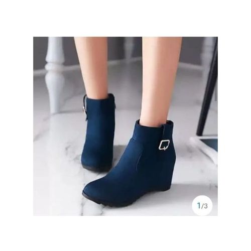 Suede Leisure Shoes Women Boots Comfort Wedge Heel Ankle Casual Lady Boot -Navy