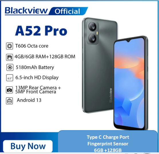 Blackview A52 Pro 6GB+128GB 6.52 Inch Android 13 4G OTG Fingerprint Identification Smartphone - 13MP+0.8MP 5MP Camera 5180 mAh Type C Charge Battery Smart Phone