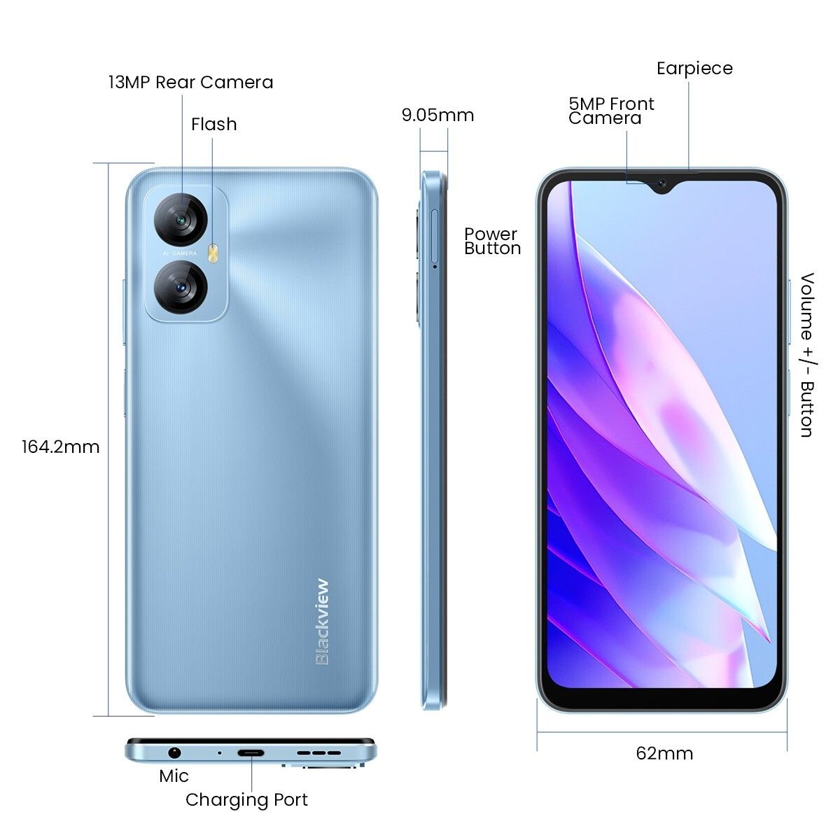 Blackview A52 Pro 4GB+128GB 6.52 Inch Android 13 4G OTG Fingerprint Identification Smartphone - 13MP+0.8MP 5MP Camera 5180 mAh Type C Charge Battery Smart Phone Blue,128GB