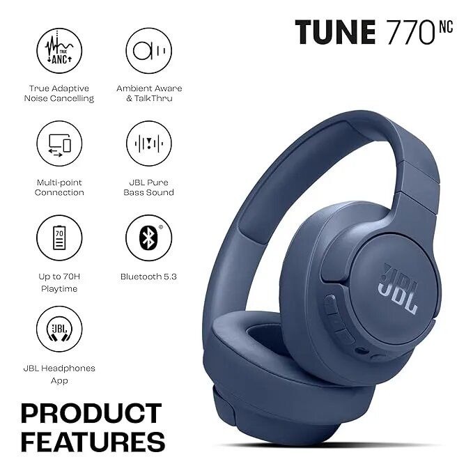 JBL Tune 770NC Wireless Over Ear ANC (Adaptive Noise Cancelling) Headphones with Mic - Blue